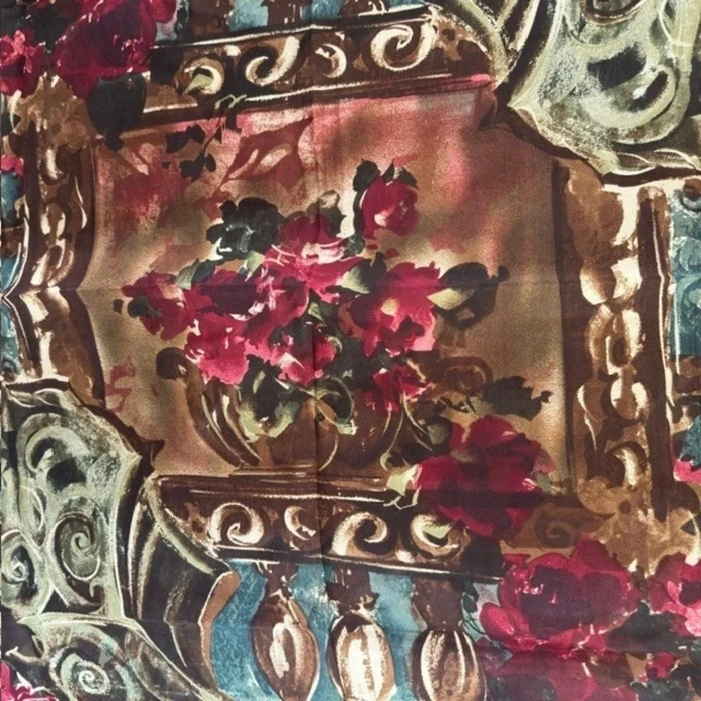 Vintage Silk Scarf 1990s Baroque Floral Red Rose Teal Gold Scroll Print‎